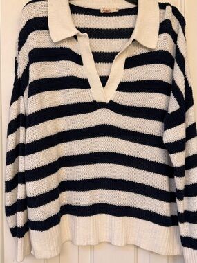 Faherty Women’s Black and White Striped Knit Polo Sweater